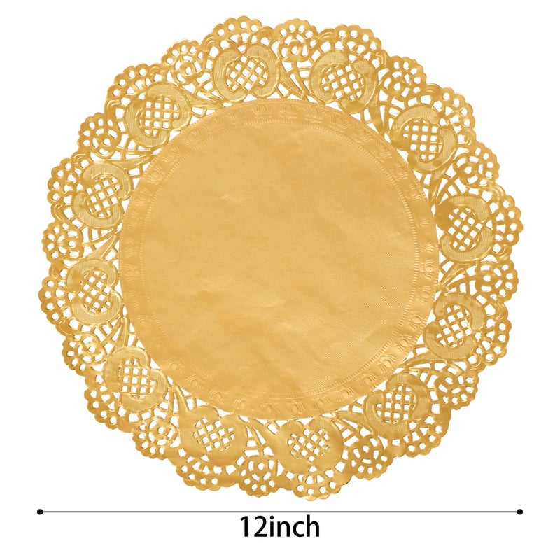 AMKOSKR 100 Pcs 12 Inch Round Lace Gold Paper Doilies Gold Foil Paper Placemats Doily Pad for Cakes Crafts Party Weddings Tableware Decor - Image 2